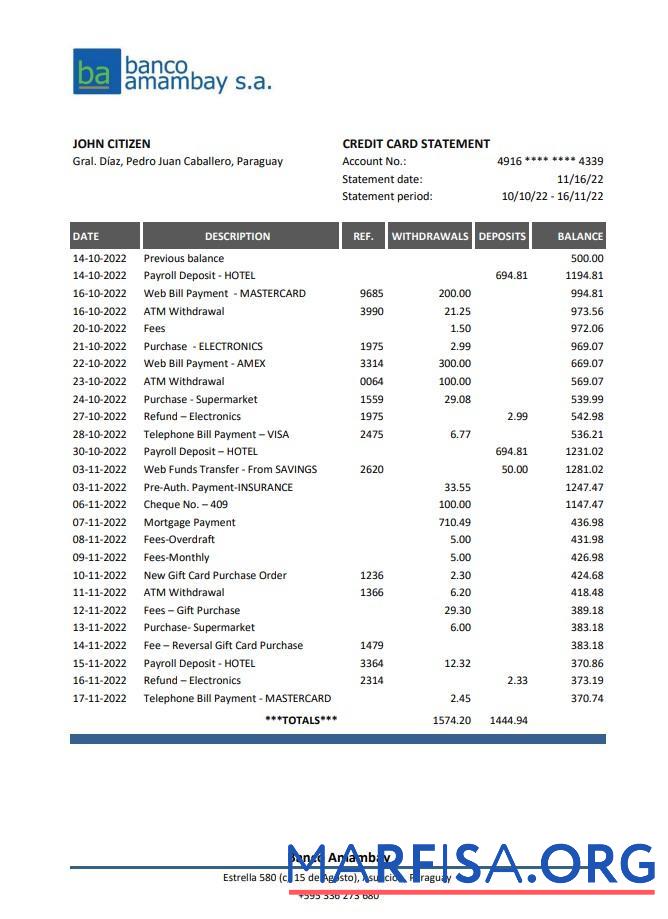 Realistic Paraguay Banco Amambay bank statement excel template